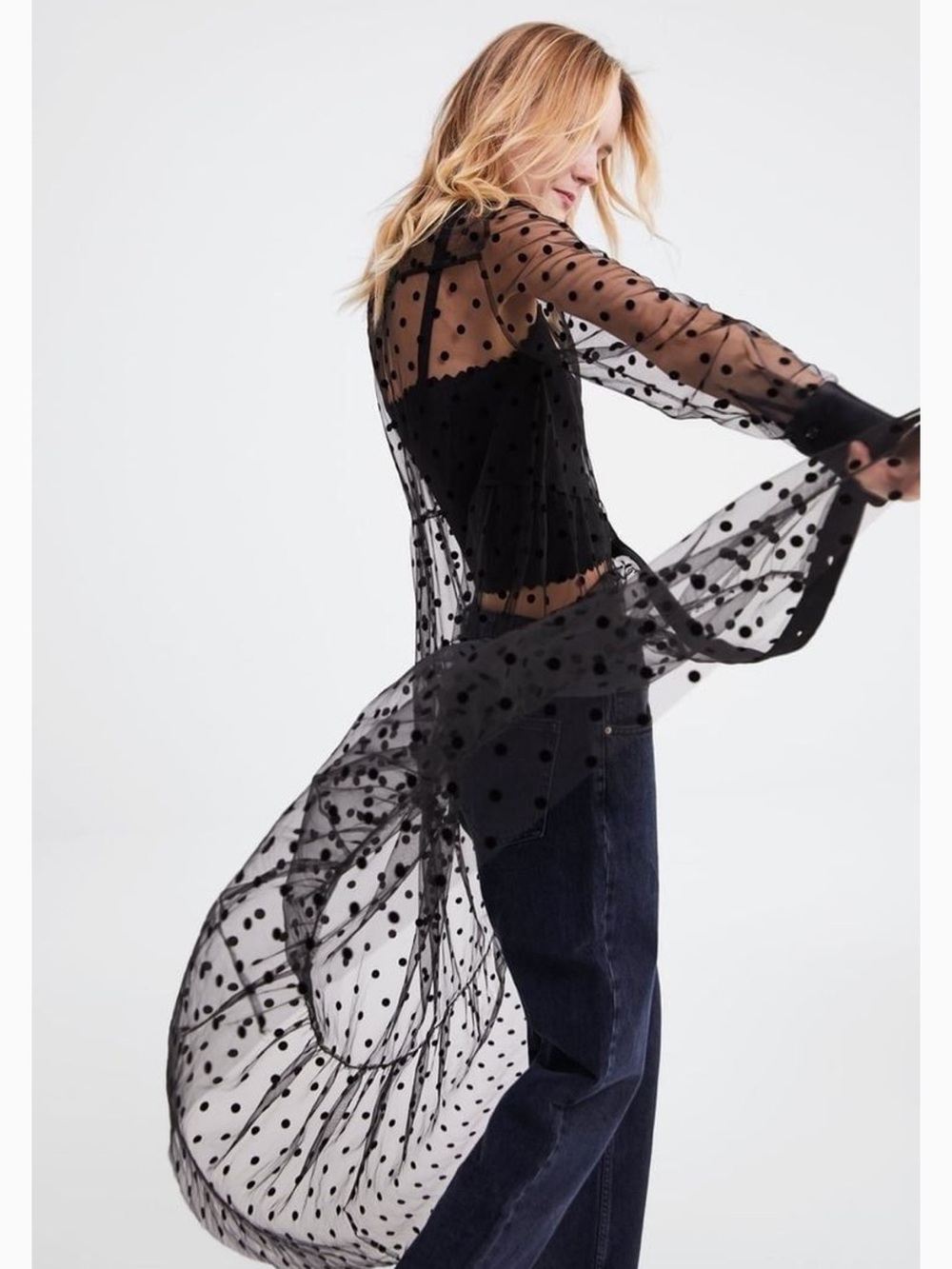 Zara Black Sheer Polka-Dot Tiered Maxi Shirt Dress - Picture 6 of 9